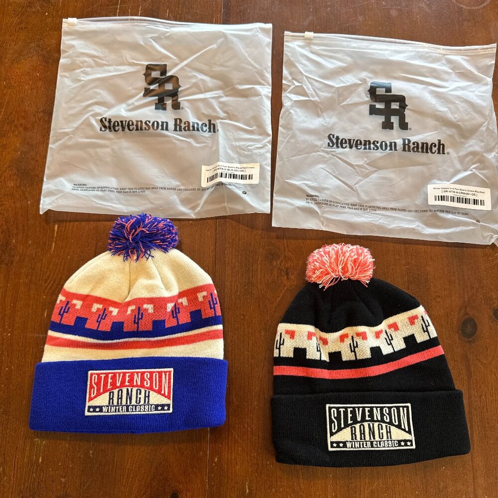 Stevenson Ranch Winter Classic Pom Beanie Cream Blue Red Bundle